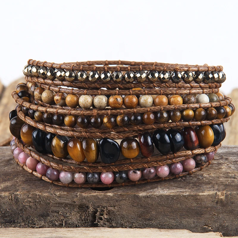 Fashion Bohemian Jewelry Natural Stones Designer 5 Strands Mix Handmade Wrap Bracelets Festival Gift