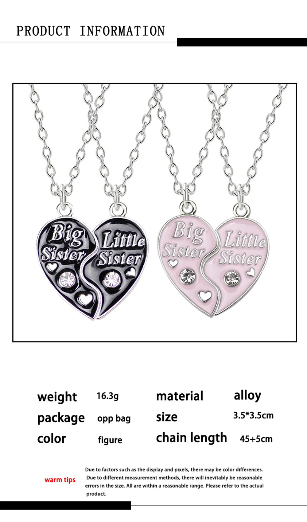 2 Piece Set Sisters Necklace For Women Heart Shape Letter Rhinestone Black Pink Pendant Lady Glamour Alloy Jewelry BFF Gifts