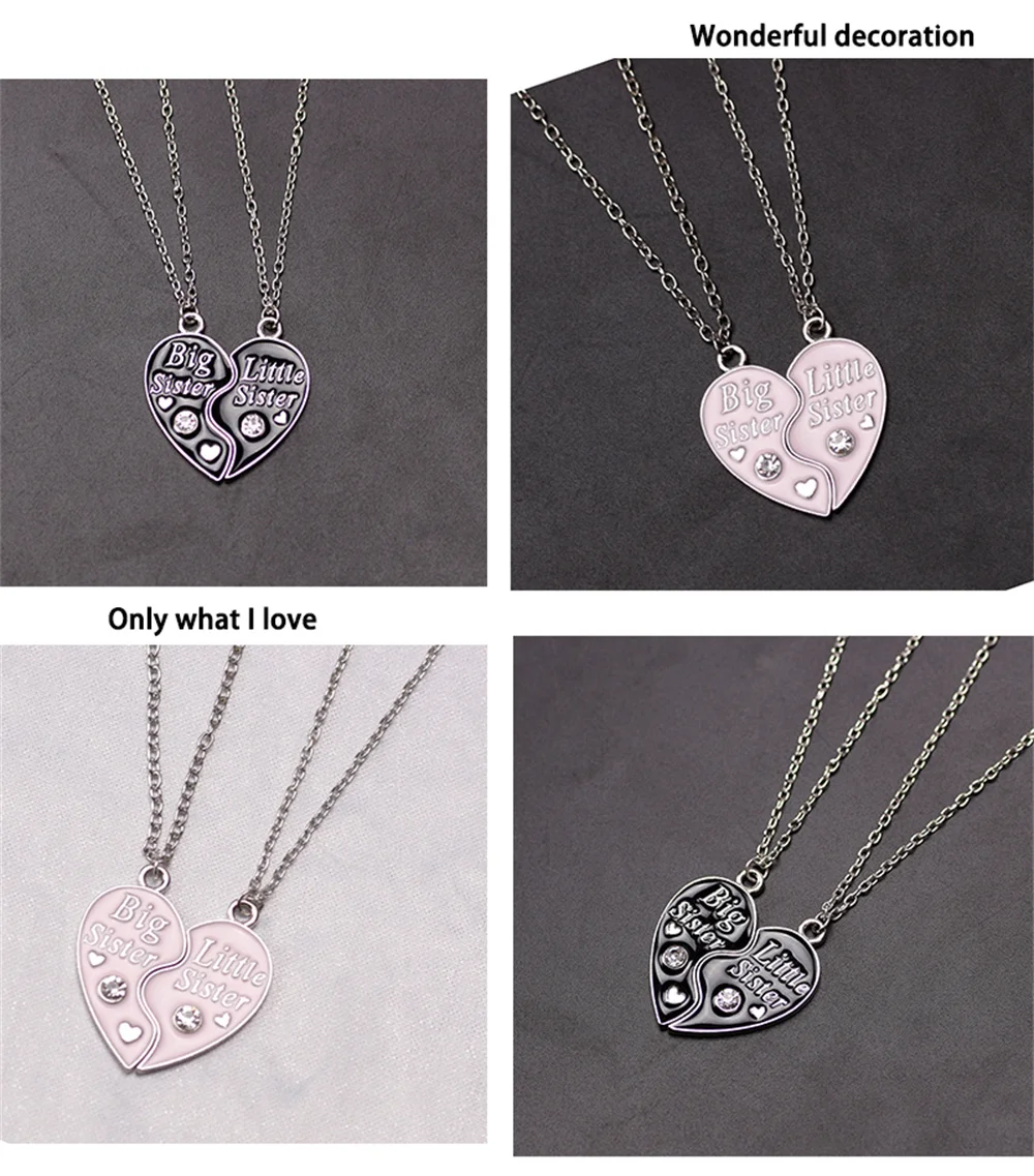 2 Piece Set Sisters Necklace For Women Heart Shape Letter Rhinestone Black Pink Pendant Lady Glamour Alloy Jewelry BFF Gifts