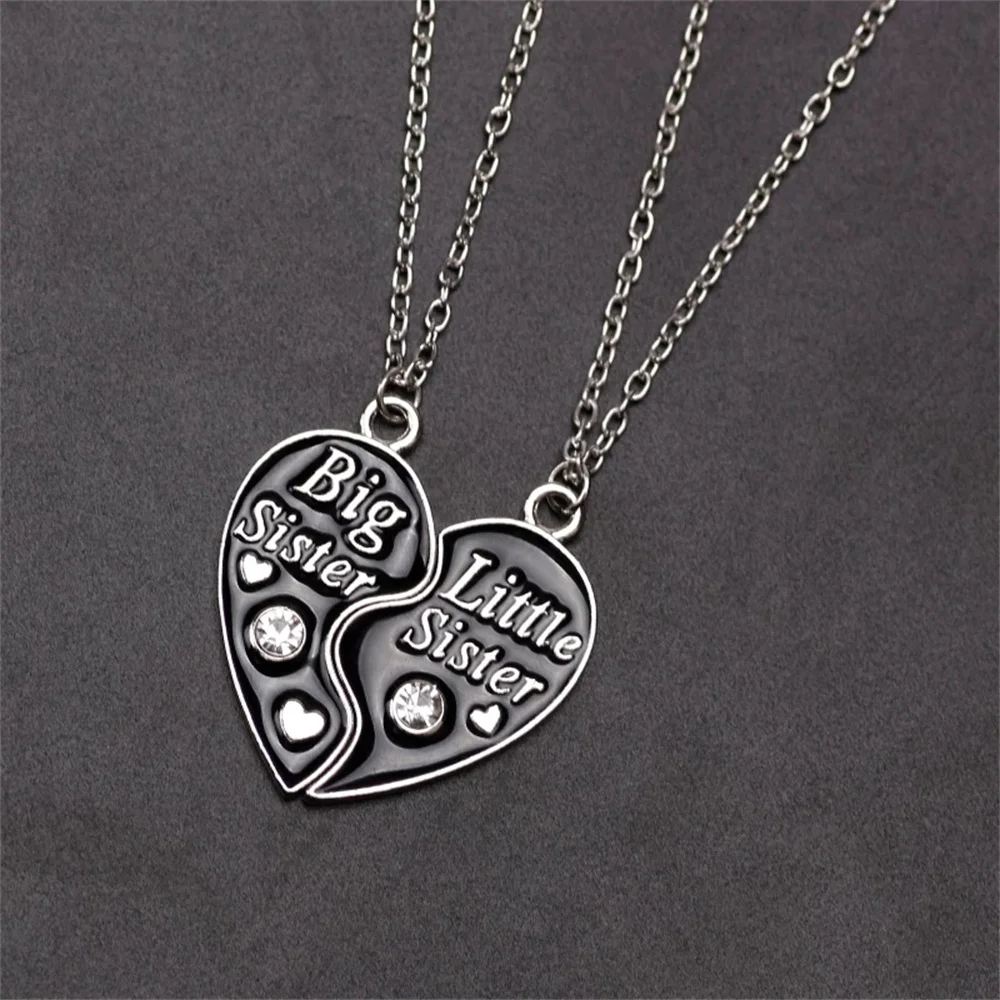 2 Piece Set Sisters Necklace For Women Heart Shape Letter Rhinestone Black Pink Pendant Lady Glamour Alloy Jewelry BFF Gifts