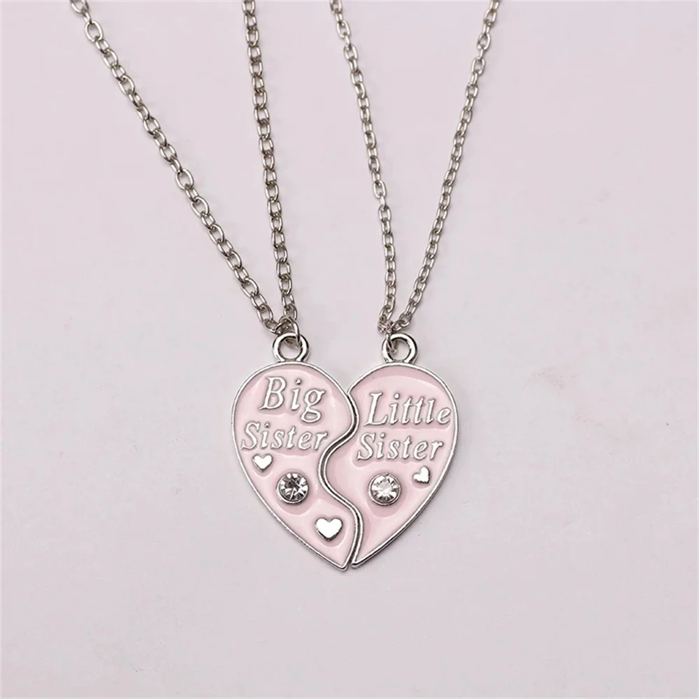 2 Piece Set Sisters Necklace For Women Heart Shape Letter Rhinestone Black Pink Pendant Lady Glamour Alloy Jewelry BFF Gifts