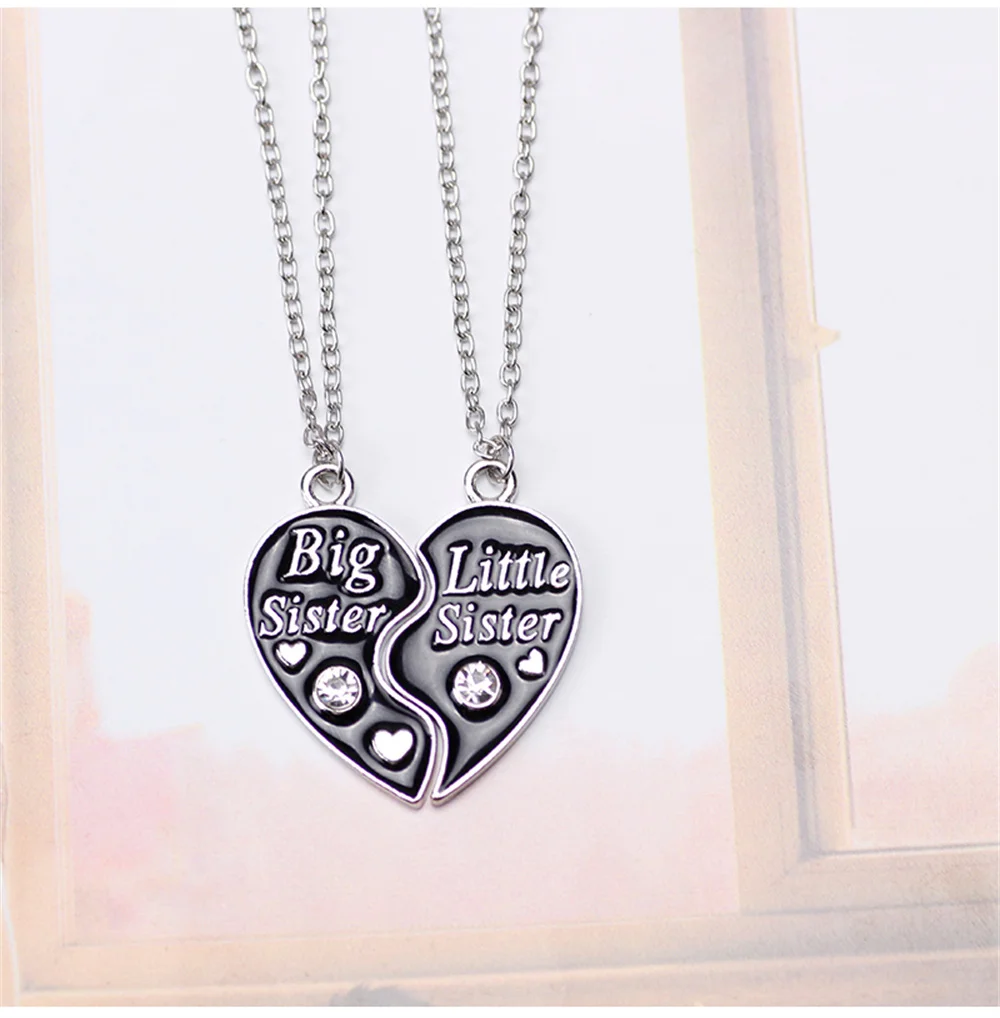 2 Piece Set Sisters Necklace For Women Heart Shape Letter Rhinestone Black Pink Pendant Lady Glamour Alloy Jewelry BFF Gifts
