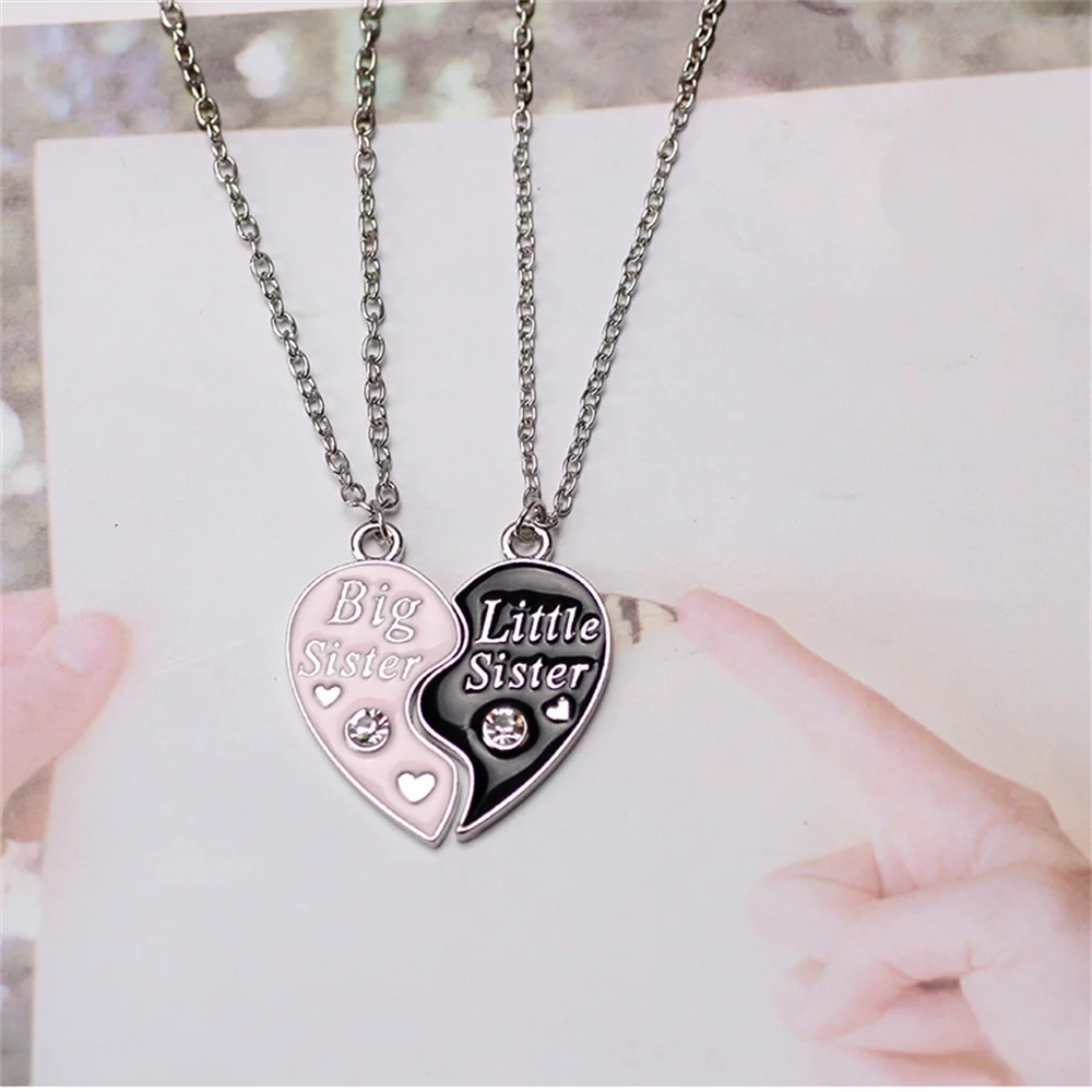 2 Piece Set Sisters Necklace For Women Heart Shape Letter Rhinestone Black Pink Pendant Lady Glamour Alloy Jewelry BFF Gifts