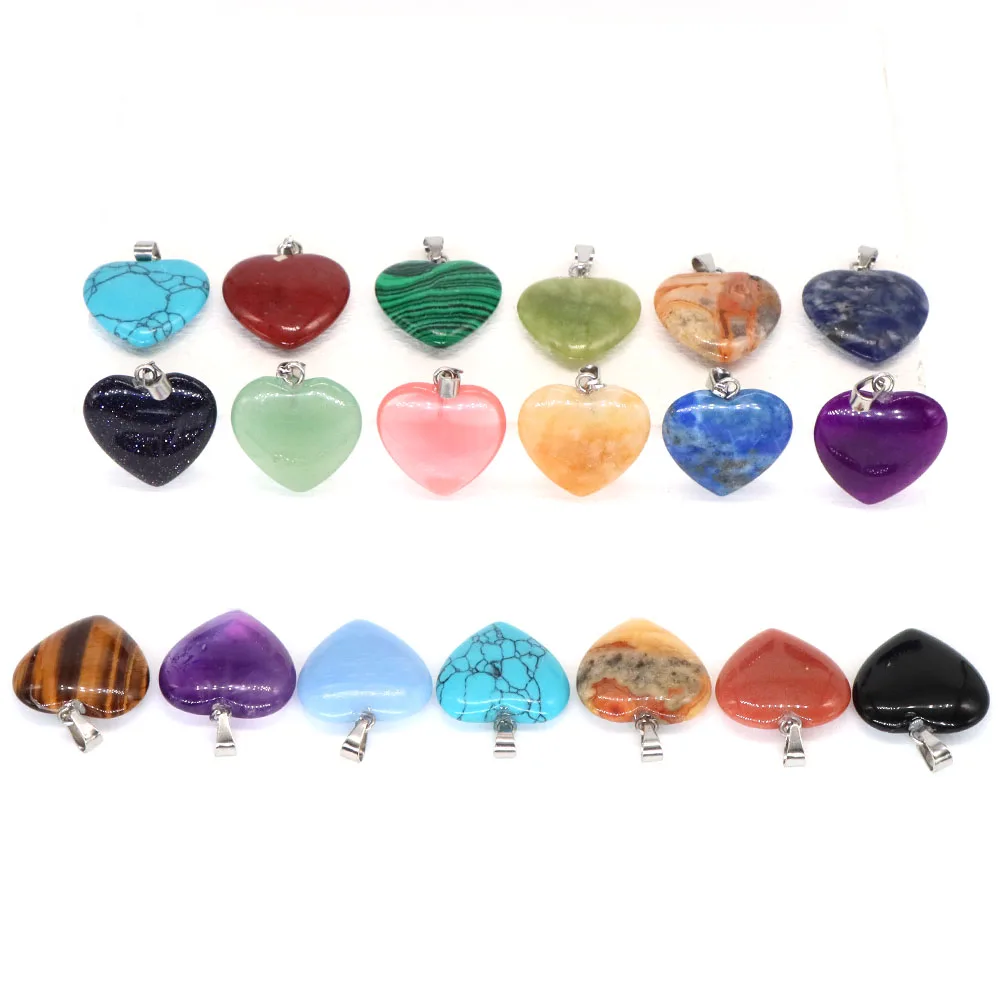 10PC/Set Love Heart Shaped Pendant Natural Stone Rose Quartz Crystal Turquoise Tiger Eye Aventurine Jewelry Making Necklace 20mm