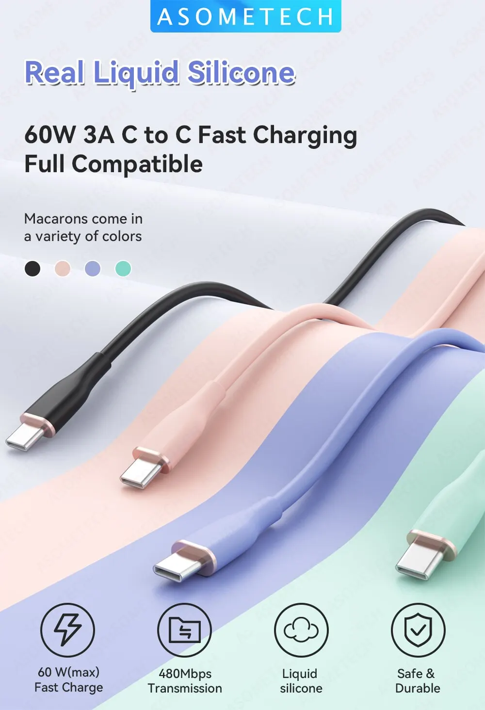 ASOMETECH 2M 60W Fast USB C Cable Type C Cable Fast Charging Data Cord Charger USB Cable C For Samsung S21 S20 A51 Xiaomi Mi 10