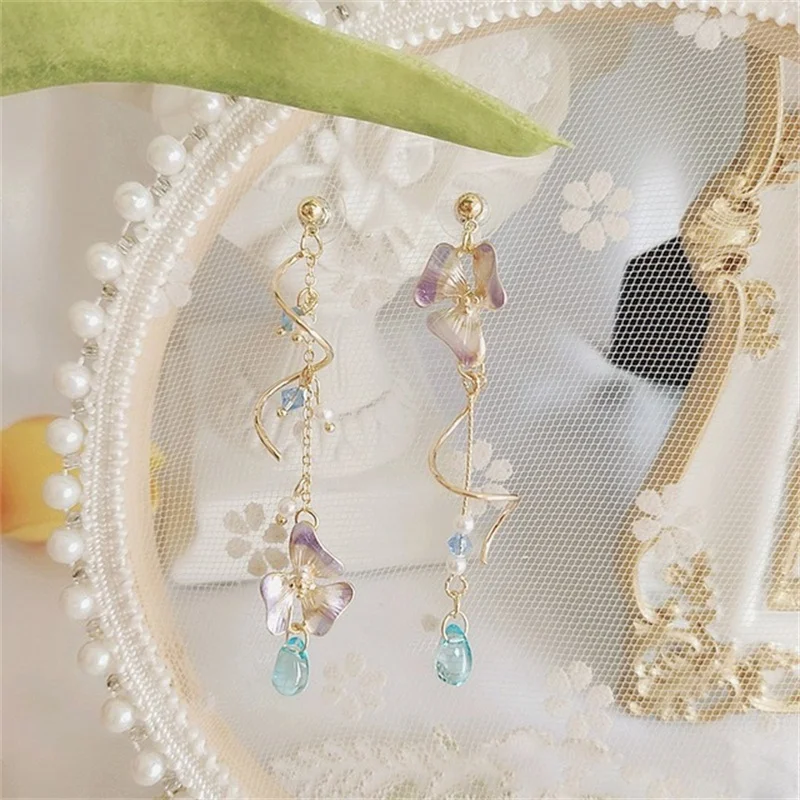 New Korean Flower Asymmetrical Dangle Earrings for Women Long Tassel Butterfly Imitation Pearl Cat Drop Earring Party Jewelry
