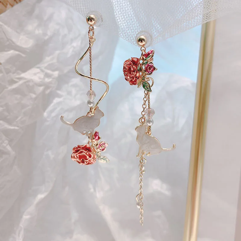 New Korean Flower Asymmetrical Dangle Earrings for Women Long Tassel Butterfly Imitation Pearl Cat Drop Earring Party Jewelry