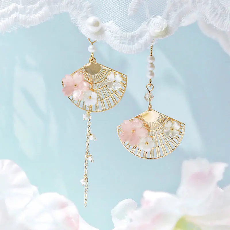 New Korean Flower Asymmetrical Dangle Earrings for Women Long Tassel Butterfly Imitation Pearl Cat Drop Earring Party Jewelry