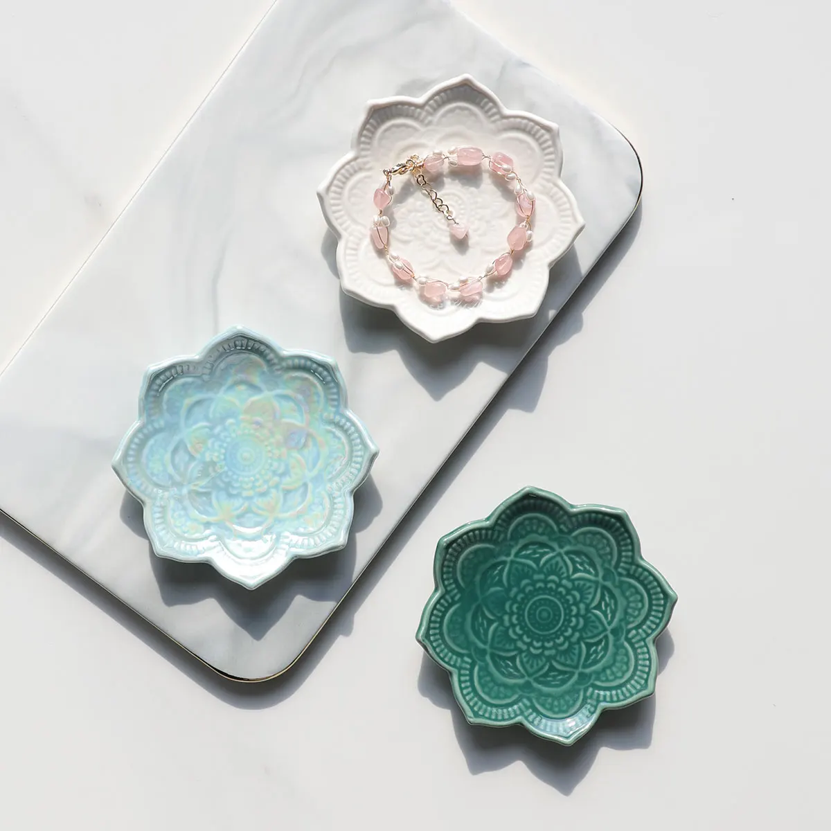 Nordic Ceramic Mandala Small Jewelry Dish Earrings Necklace Ring Storage Plates Fruit Dessert Display Bowl Decoration Tray