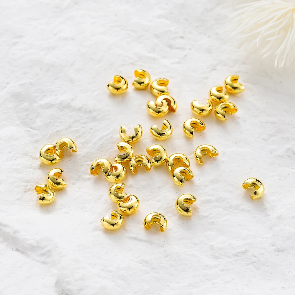 50/100Pcs 3/4/5mm 14K/18K Gold Plated Brass Open Crimp Beads Covers Crimp End Beads Stopper Spacer Bead for DIY Jewelry Making