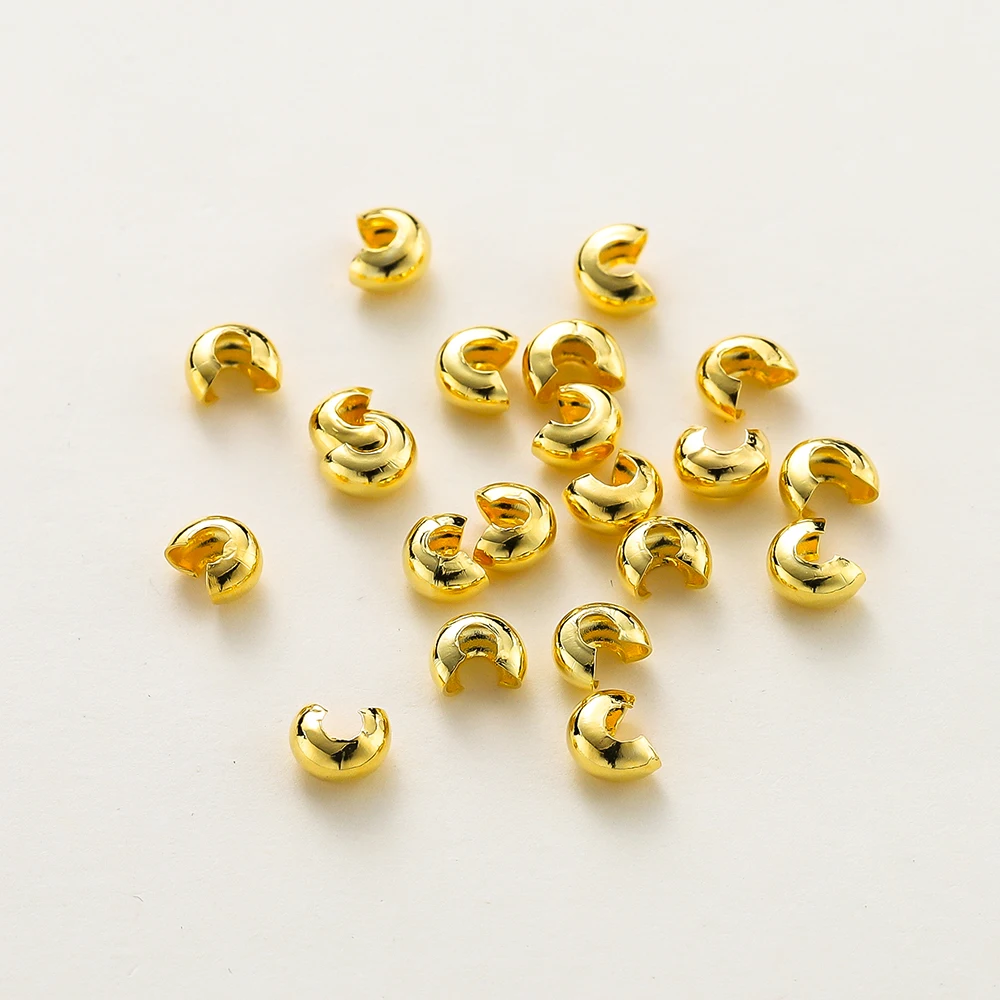 50/100Pcs 3/4/5mm 14K/18K Gold Plated Brass Open Crimp Beads Covers Crimp End Beads Stopper Spacer Bead for DIY Jewelry Making