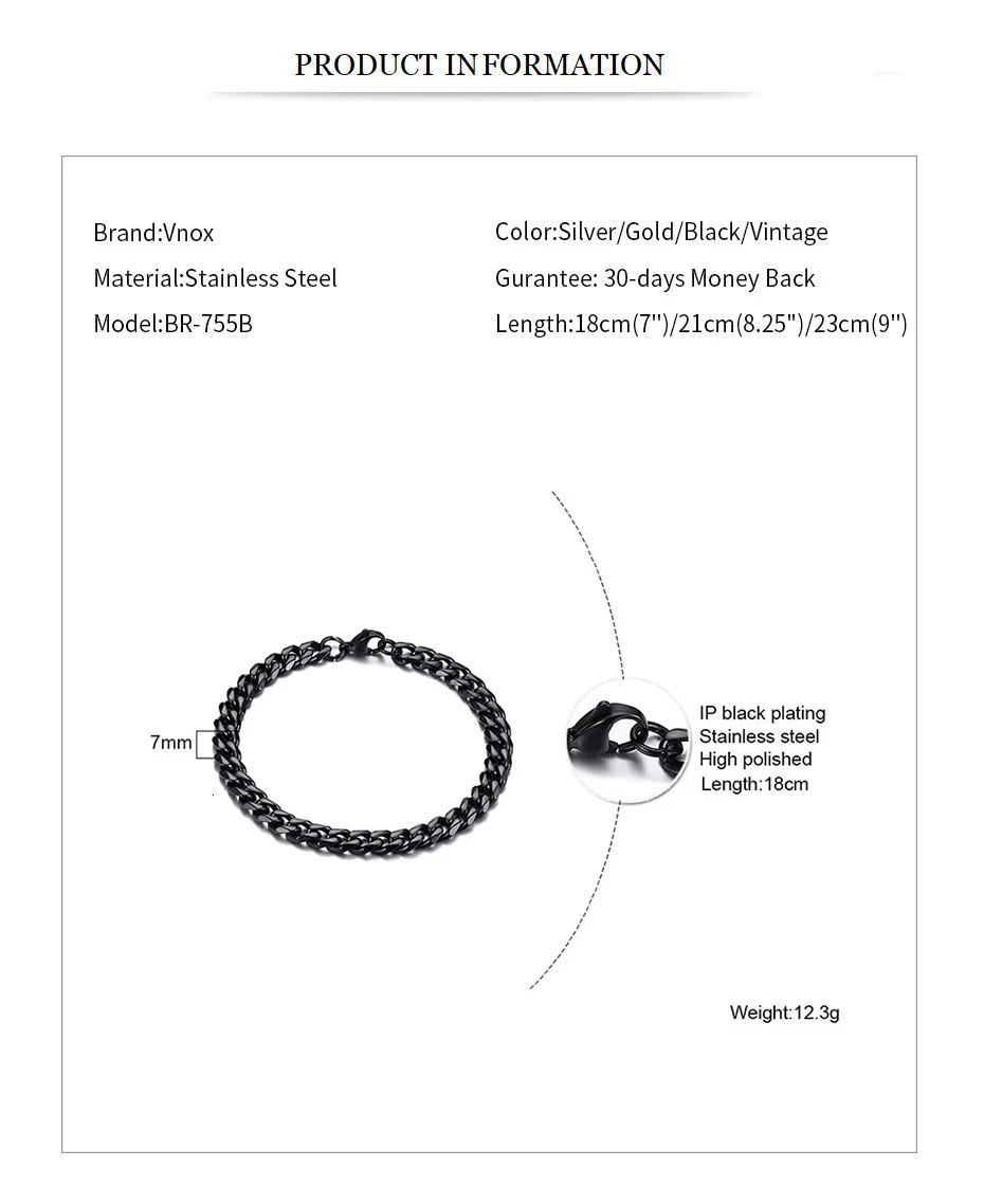 Vnox Mens Simple 3-11mm Stainless Steel Curb Cuban Link Chain Bracelets for Women Unisex Wrist Jewelry Gifts