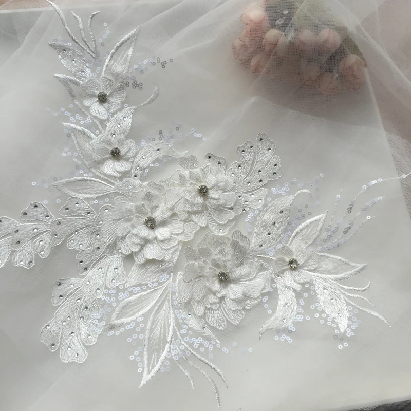 1 Piece Sequin Flower Wedding Gown Appliques Lace Fabric Embroidered Mesh Sew Patch For Dress DIY Decor 38*22CM