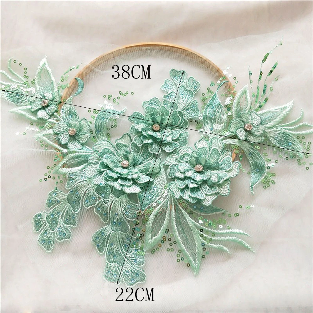 1 Piece Sequin Flower Wedding Gown Appliques Lace Fabric Embroidered Mesh Sew Patch For Dress DIY Decor 38*22CM