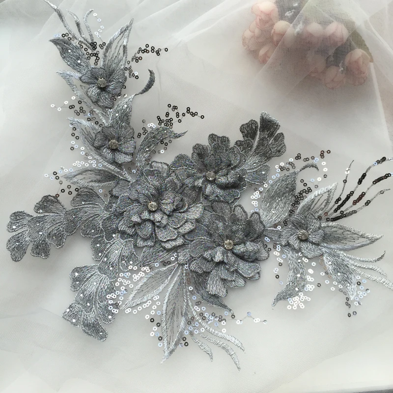 1 Piece Sequin Flower Wedding Gown Appliques Lace Fabric Embroidered Mesh Sew Patch For Dress DIY Decor 38*22CM