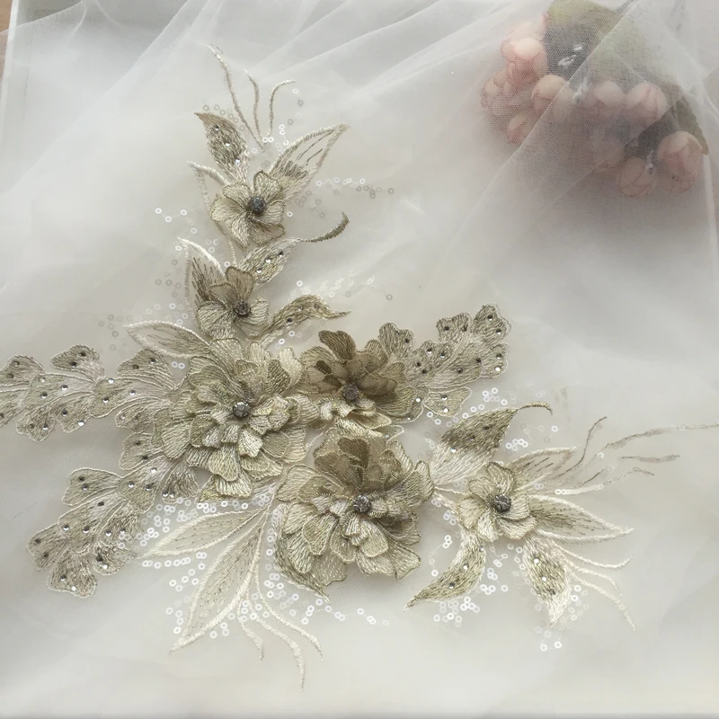 1 Piece Sequin Flower Wedding Gown Appliques Lace Fabric Embroidered Mesh Sew Patch For Dress DIY Decor 38*22CM