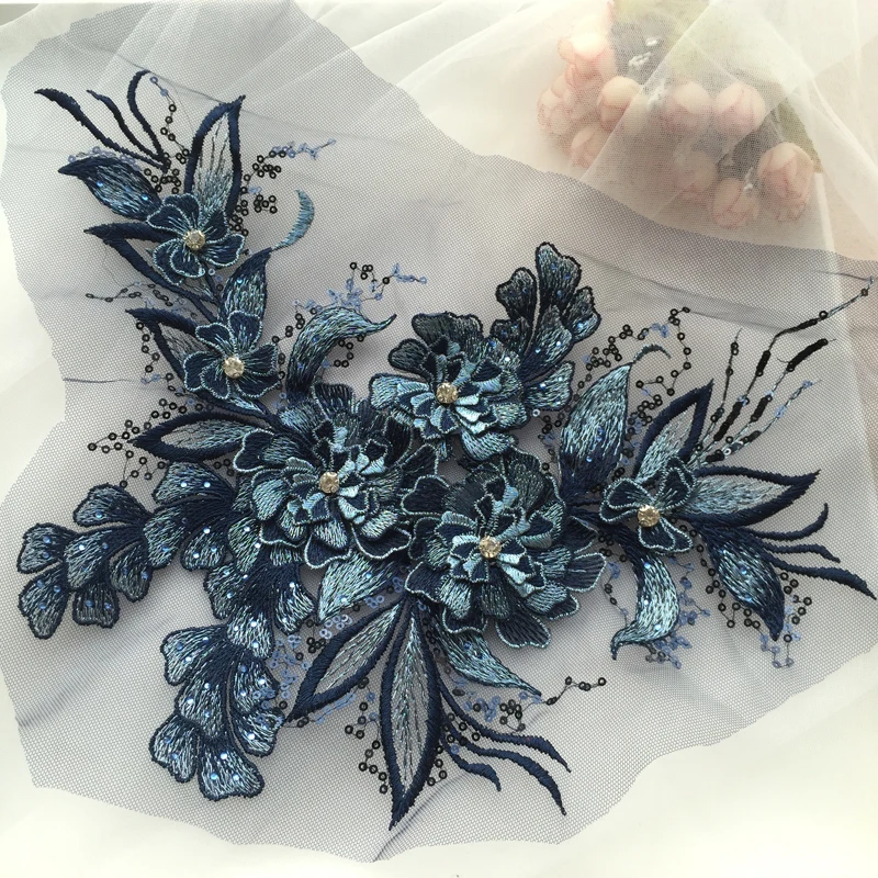 1 Piece Sequin Flower Wedding Gown Appliques Lace Fabric Embroidered Mesh Sew Patch For Dress DIY Decor 38*22CM