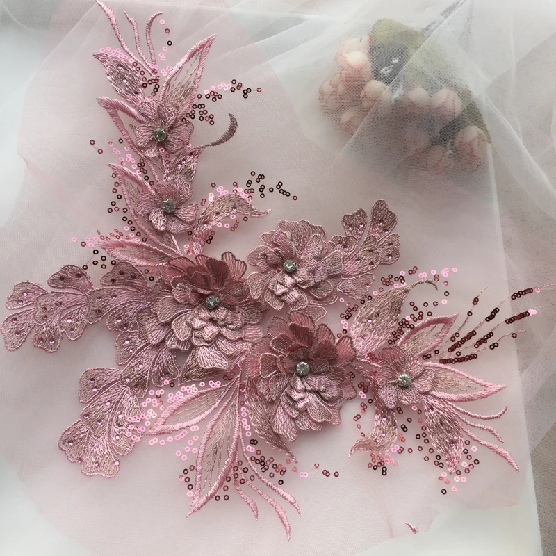 1 Piece Sequin Flower Wedding Gown Appliques Lace Fabric Embroidered Mesh Sew Patch For Dress DIY Decor 38*22CM