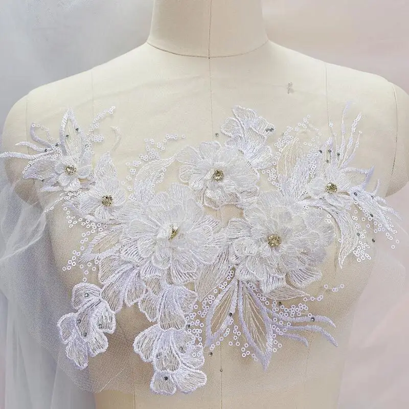 1 Piece Sequin Flower Wedding Gown Appliques Lace Fabric Embroidered Mesh Sew Patch For Dress DIY Decor 38*22CM