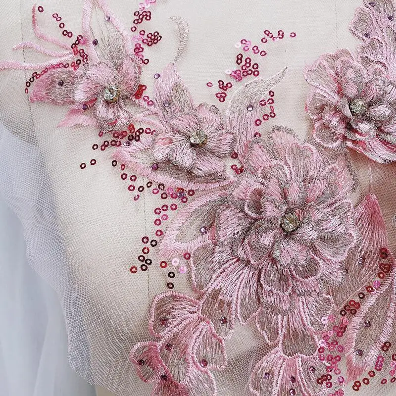 1 Piece Sequin Flower Wedding Gown Appliques Lace Fabric Embroidered Mesh Sew Patch For Dress DIY Decor 38*22CM