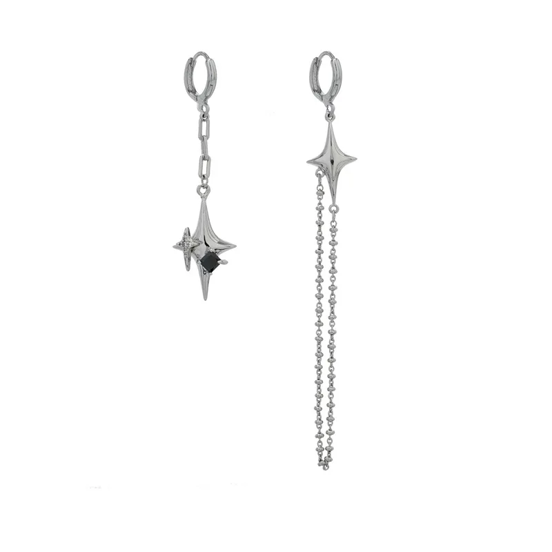 CIAXY Silver Color Asymmetrical Four-pointed Star Earrings for Women Simple Tassel Chain Drop Earrings Party Gift Jewelry