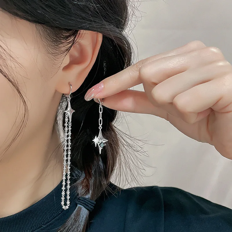 CIAXY Silver Color Asymmetrical Four-pointed Star Earrings for Women Simple Tassel Chain Drop Earrings Party Gift Jewelry