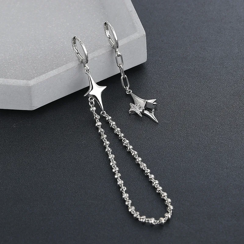 CIAXY Silver Color Asymmetrical Four-pointed Star Earrings for Women Simple Tassel Chain Drop Earrings Party Gift Jewelry