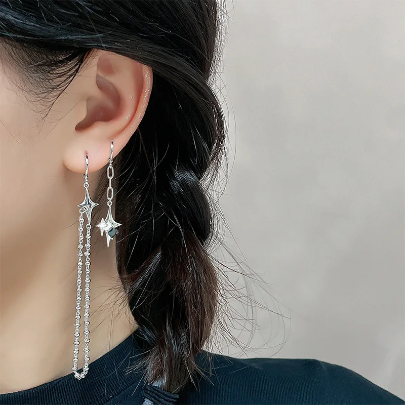 CIAXY Silver Color Asymmetrical Four-pointed Star Earrings for Women Simple Tassel Chain Drop Earrings Party Gift Jewelry
