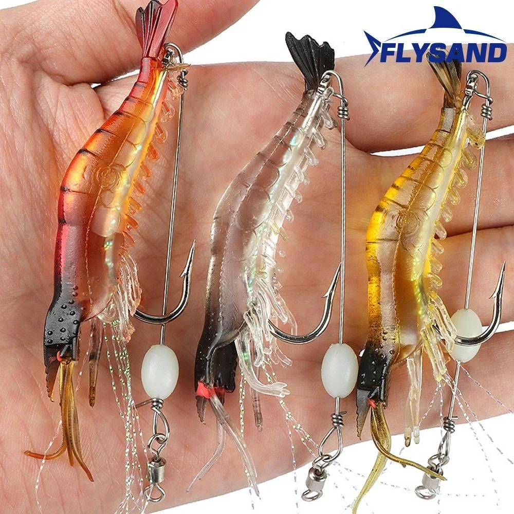 FLYSAND Shrimp Lure with Hooks Luminous Soft Fishing Lures Shrimp Bait Silicone Enticement Tackle Baits FlySand Fishing Tool