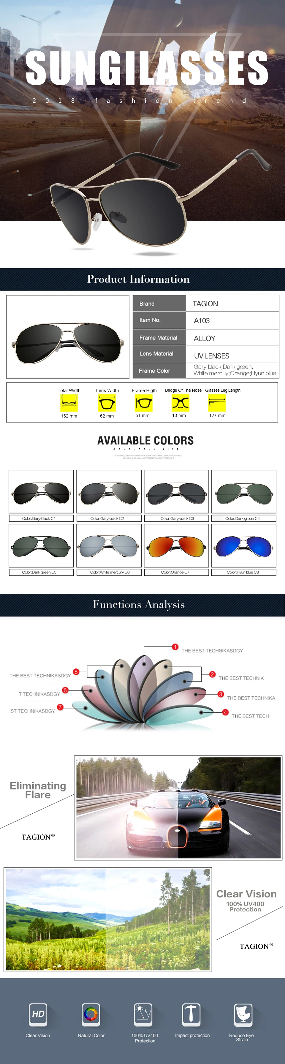 2026 Classic Pilot Sunglasses Men Polarized Driving Sun Glasses UV400 Fashion Fishing Eyewear Film Shades Male Goggle A103