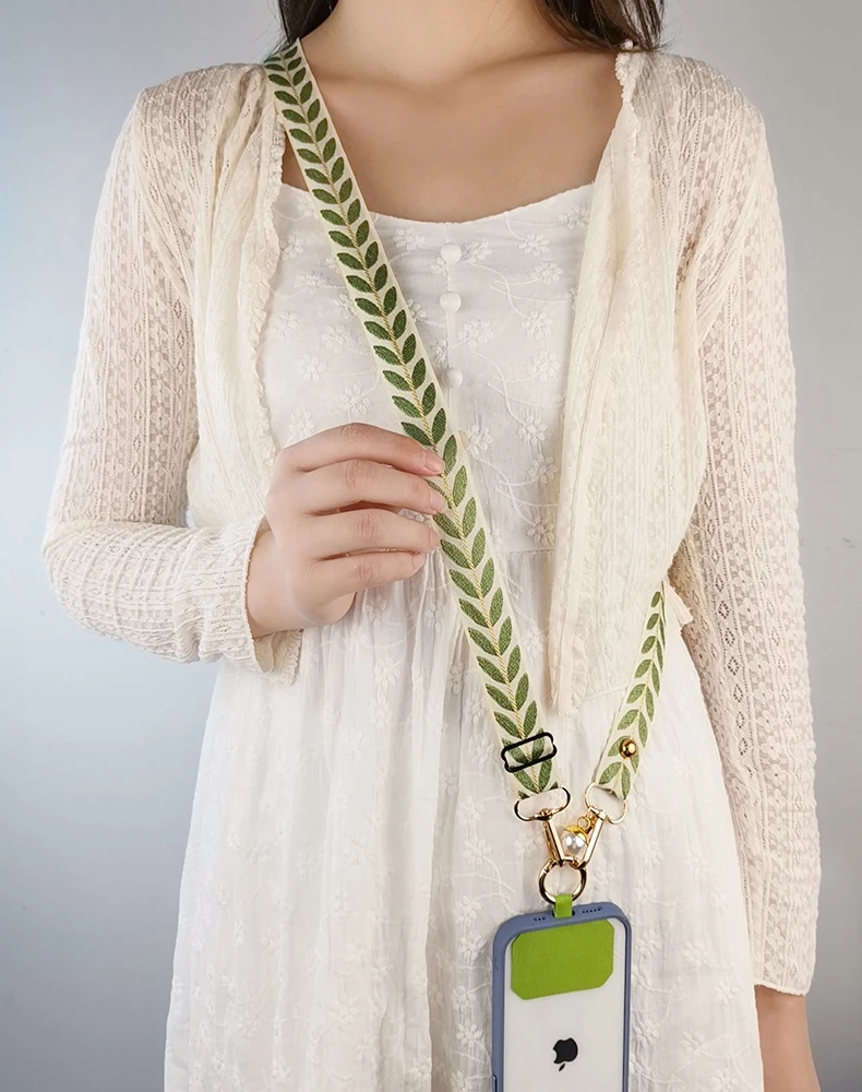 Adjustable Crossbody Long Mobile Phone Lanyard Wide Cloth Neckband Strap Rope Women's Pearl Hanging Ornaments Anti-Lost Lanyard