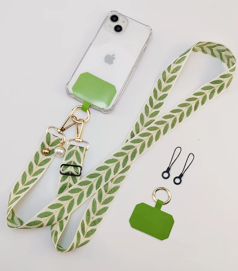 Adjustable Crossbody Long Mobile Phone Lanyard Wide Cloth Neckband Strap Rope Women's Pearl Hanging Ornaments Anti-Lost Lanyard
