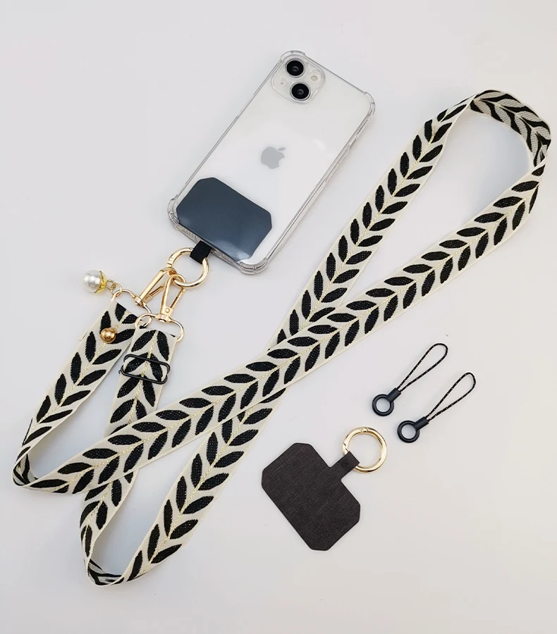 Adjustable Crossbody Long Mobile Phone Lanyard Wide Cloth Neckband Strap Rope Women's Pearl Hanging Ornaments Anti-Lost Lanyard