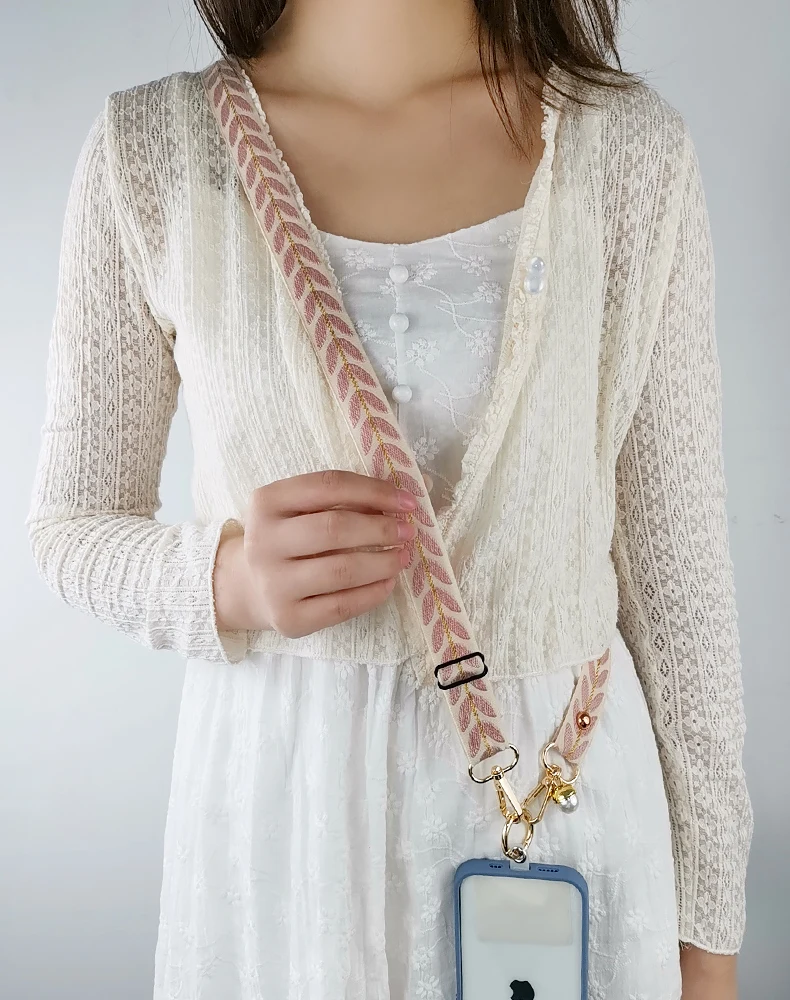 Adjustable Crossbody Long Mobile Phone Lanyard Wide Cloth Neckband Strap Rope Women's Pearl Hanging Ornaments Anti-Lost Lanyard