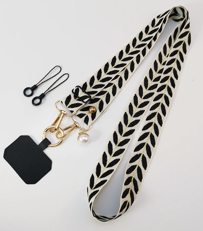 Adjustable Crossbody Long Mobile Phone Lanyard Wide Cloth Neckband Strap Rope Women's Pearl Hanging Ornaments Anti-Lost Lanyard