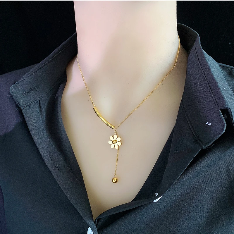 DIEYURO 316L Stainless Steel 2021 Hot Sale Beautiful Flower Hanging Chain Long Style Exquisite Clavicle Chain Necklace For Women