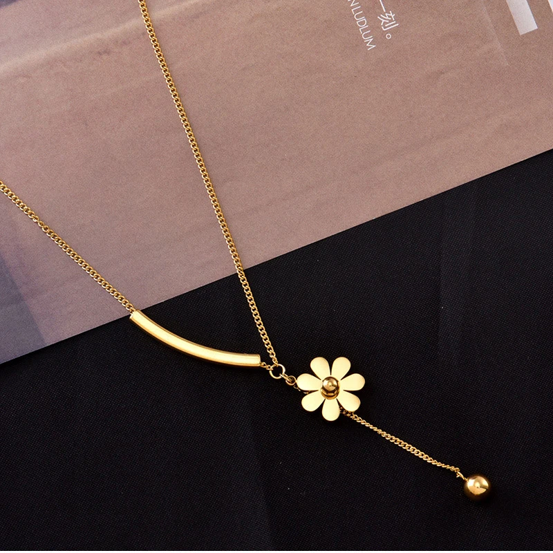 DIEYURO 316L Stainless Steel 2021 Hot Sale Beautiful Flower Hanging Chain Long Style Exquisite Clavicle Chain Necklace For Women