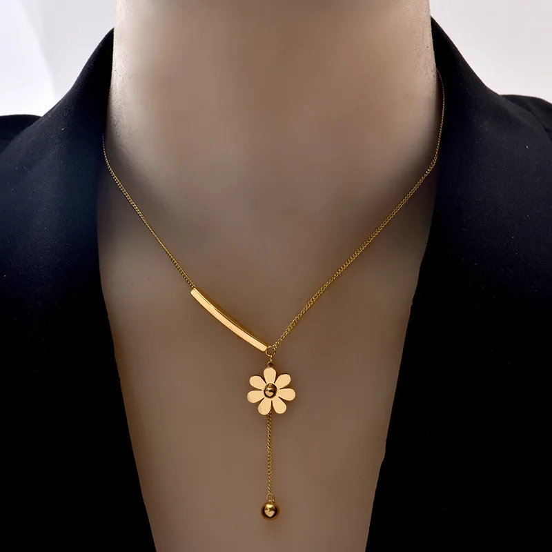 DIEYURO 316L Stainless Steel 2021 Hot Sale Beautiful Flower Hanging Chain Long Style Exquisite Clavicle Chain Necklace For Women