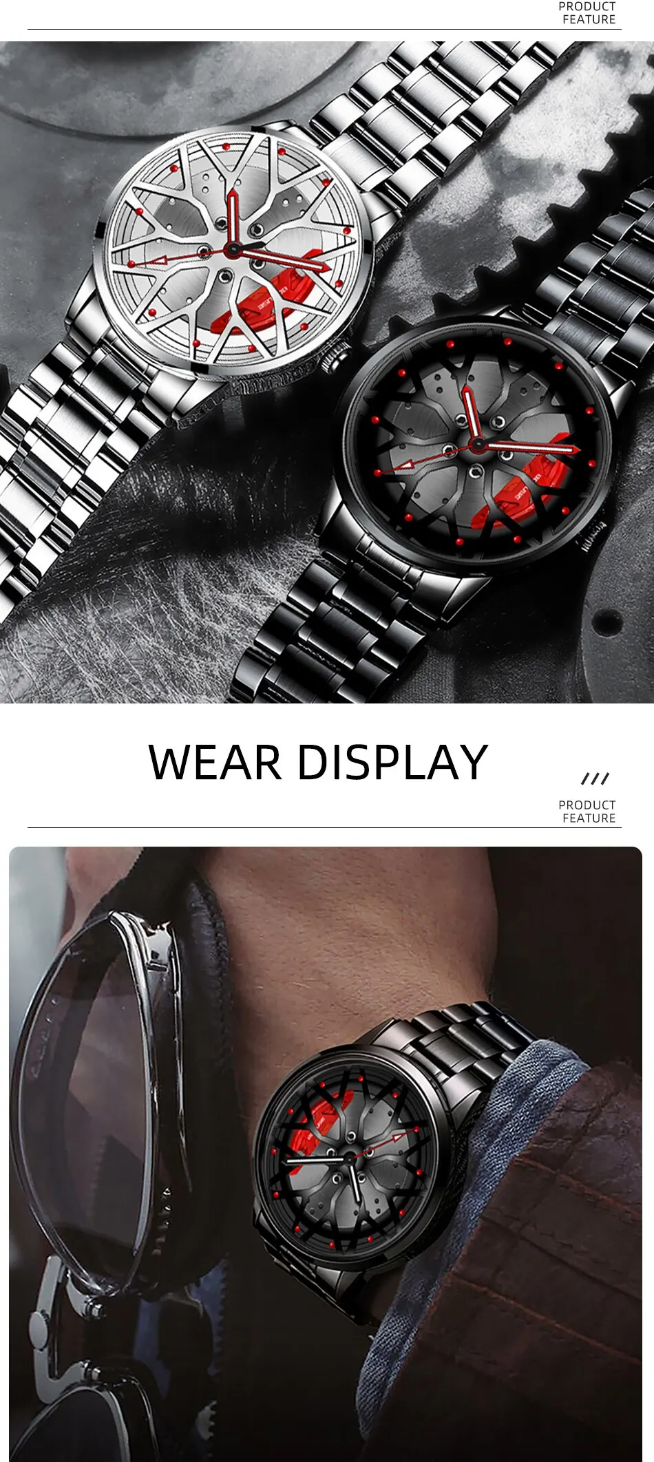 Fashion Mens Car Wheel Watches Luxury Men Sports Waterproof Quartz Wristwatch Stainless Steel Wheel Hub Watch Relogio Masculino