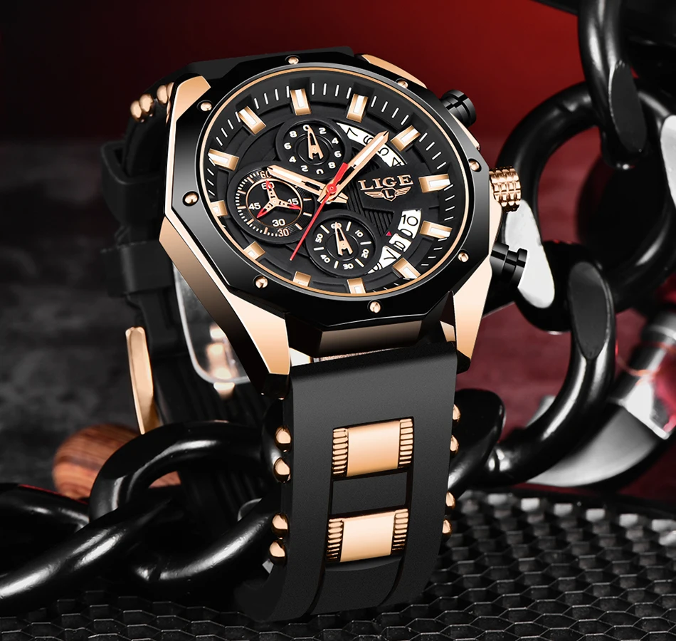 LIGE Fashion Men Watches Top Brand Luxury Silicone Sport Watch Men Quartz Date Clock Waterproof Wristwatch Chronograph Clock Man