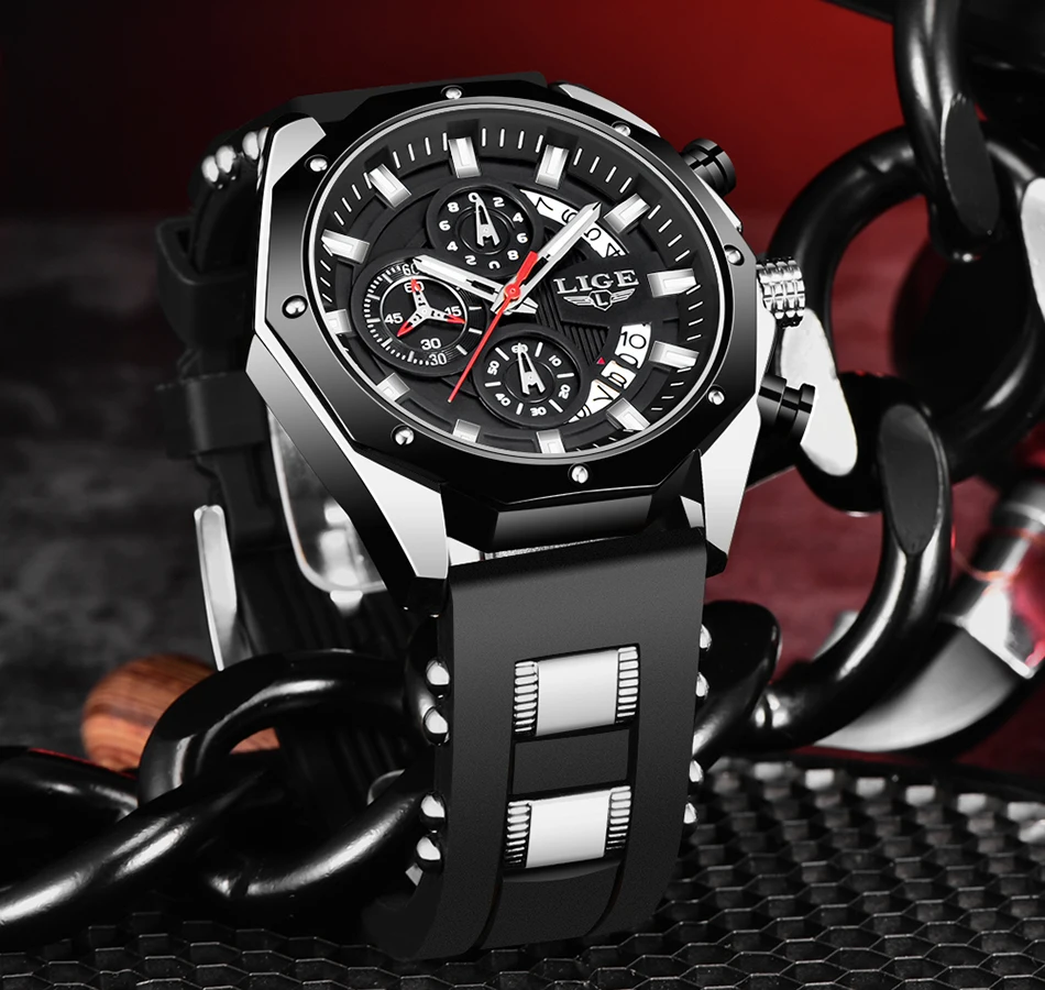 LIGE Fashion Men Watches Top Brand Luxury Silicone Sport Watch Men Quartz Date Clock Waterproof Wristwatch Chronograph Clock Man