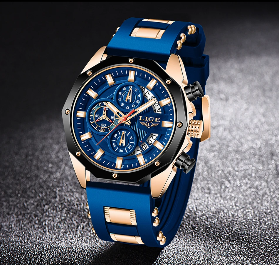 LIGE Fashion Men Watches Top Brand Luxury Silicone Sport Watch Men Quartz Date Clock Waterproof Wristwatch Chronograph Clock Man
