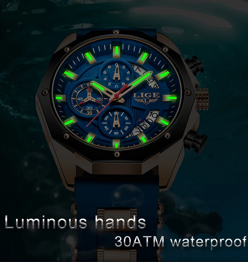LIGE Fashion Men Watches Top Brand Luxury Silicone Sport Watch Men Quartz Date Clock Waterproof Wristwatch Chronograph Clock Man