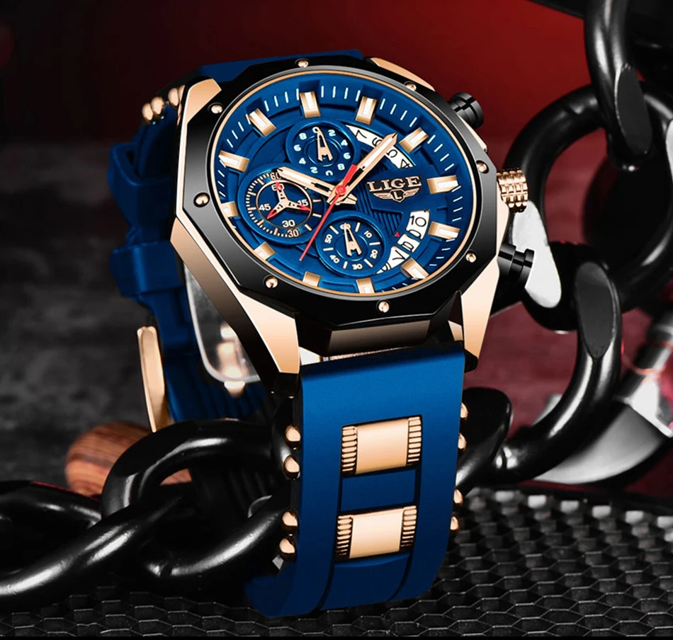 LIGE Fashion Men Watches Top Brand Luxury Silicone Sport Watch Men Quartz Date Clock Waterproof Wristwatch Chronograph Clock Man