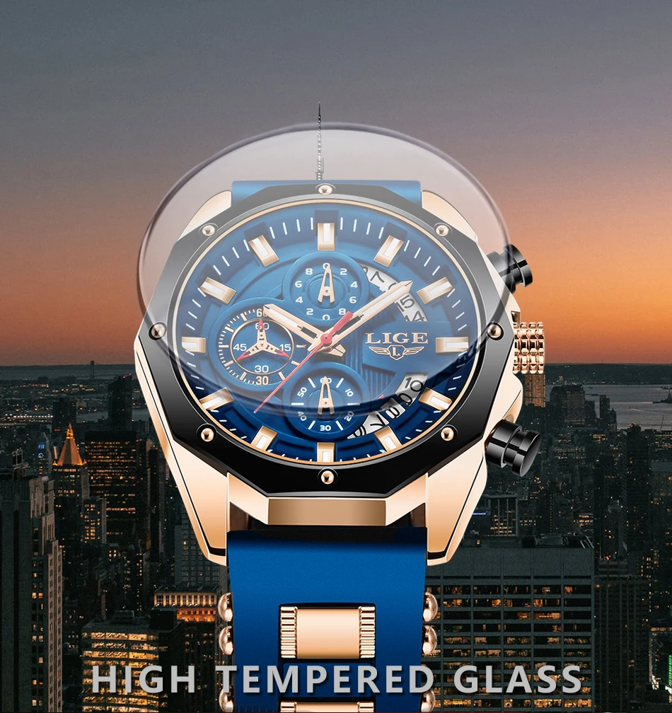 LIGE Fashion Men Watches Top Brand Luxury Silicone Sport Watch Men Quartz Date Clock Waterproof Wristwatch Chronograph Clock Man