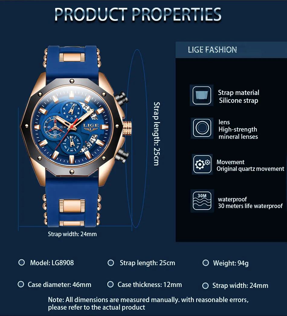 LIGE Fashion Men Watches Top Brand Luxury Silicone Sport Watch Men Quartz Date Clock Waterproof Wristwatch Chronograph Clock Man