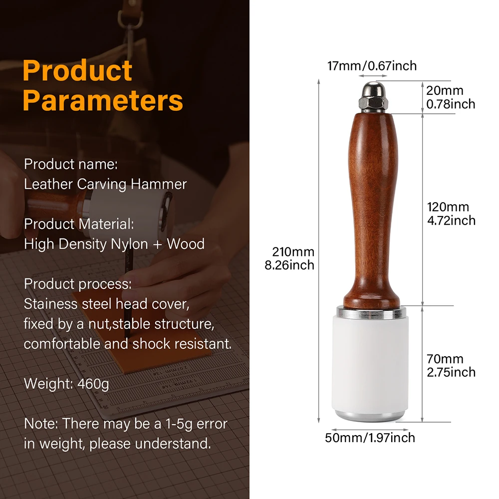 WUTA Professional Leather Carve Hammer 460g Nylon Hammers Mallet Wood Handle For Leathercraft Punch Printing Percussion DIY Tool