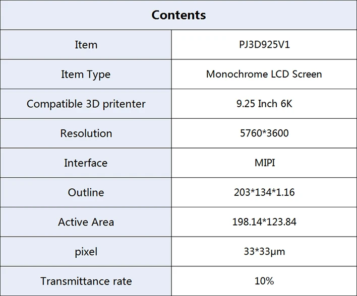 9.25 Inches 6K 5760x3600 Resolution Mono LCD Screen for CREALITY HALOT-SKY 2022 3D Printer PJ3D925V5