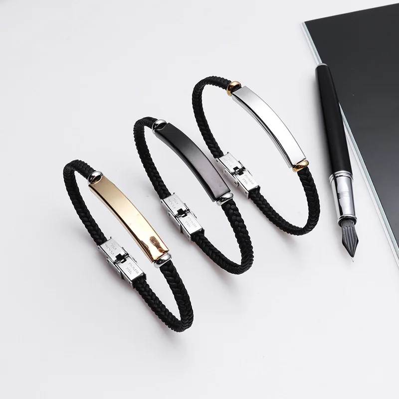 Punk Thin Custom name Leather Men Bracelet Personalized Stainless Steel Bracelets For Women Men ID Bracelet