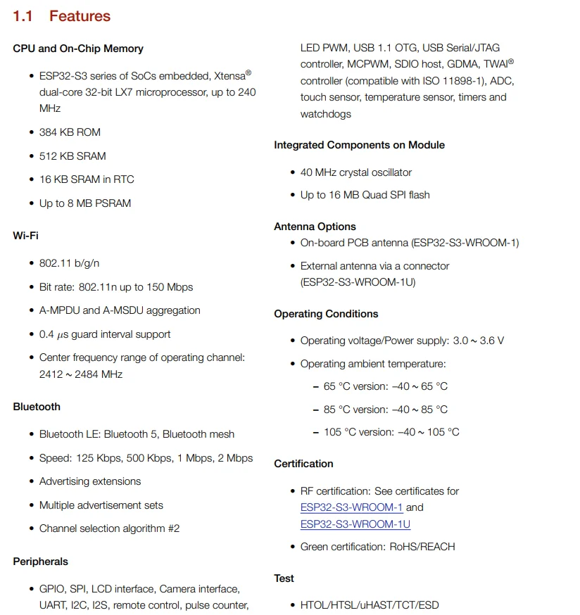 ESP32-S3-WROOM-1U Module, Built-in ESP32S3 Series Chip Wi-Fi+Bluetooth 5.0 Low Energy MCU Module Flash 2MB 8MB